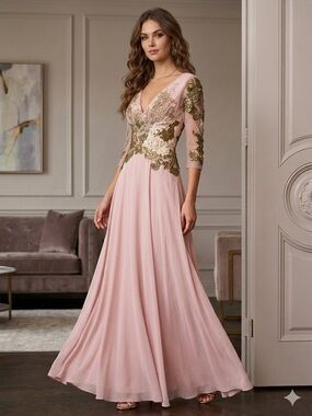 Mandalay Blush Pink V-Neck Maxi Dress with Gold Lace Appliqué